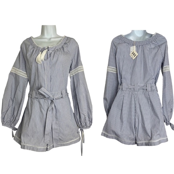 Haute Hippie Playsuit Romper Navy/White Stripe Off Shoulder Size 4 (Small) - Picture 9 of 10